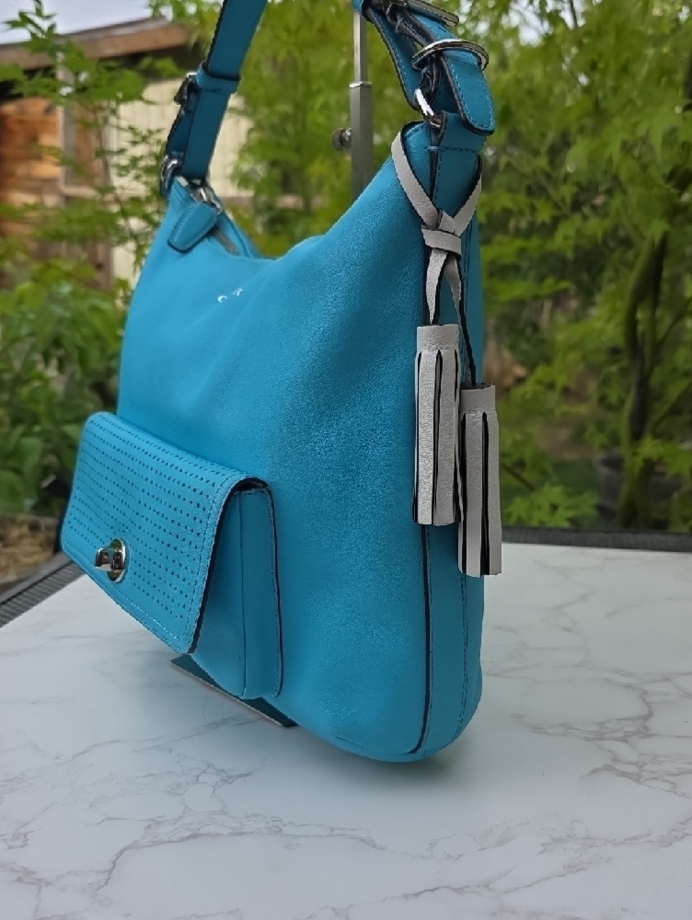 Coach Turquoise Shoulder Bag with Pearl & Chain Details - Picture 6 of 16